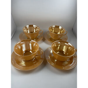 Vintage Anchor Hocking Fire King Peach Luster Three Band - 4 Teacup/Saucer Sets